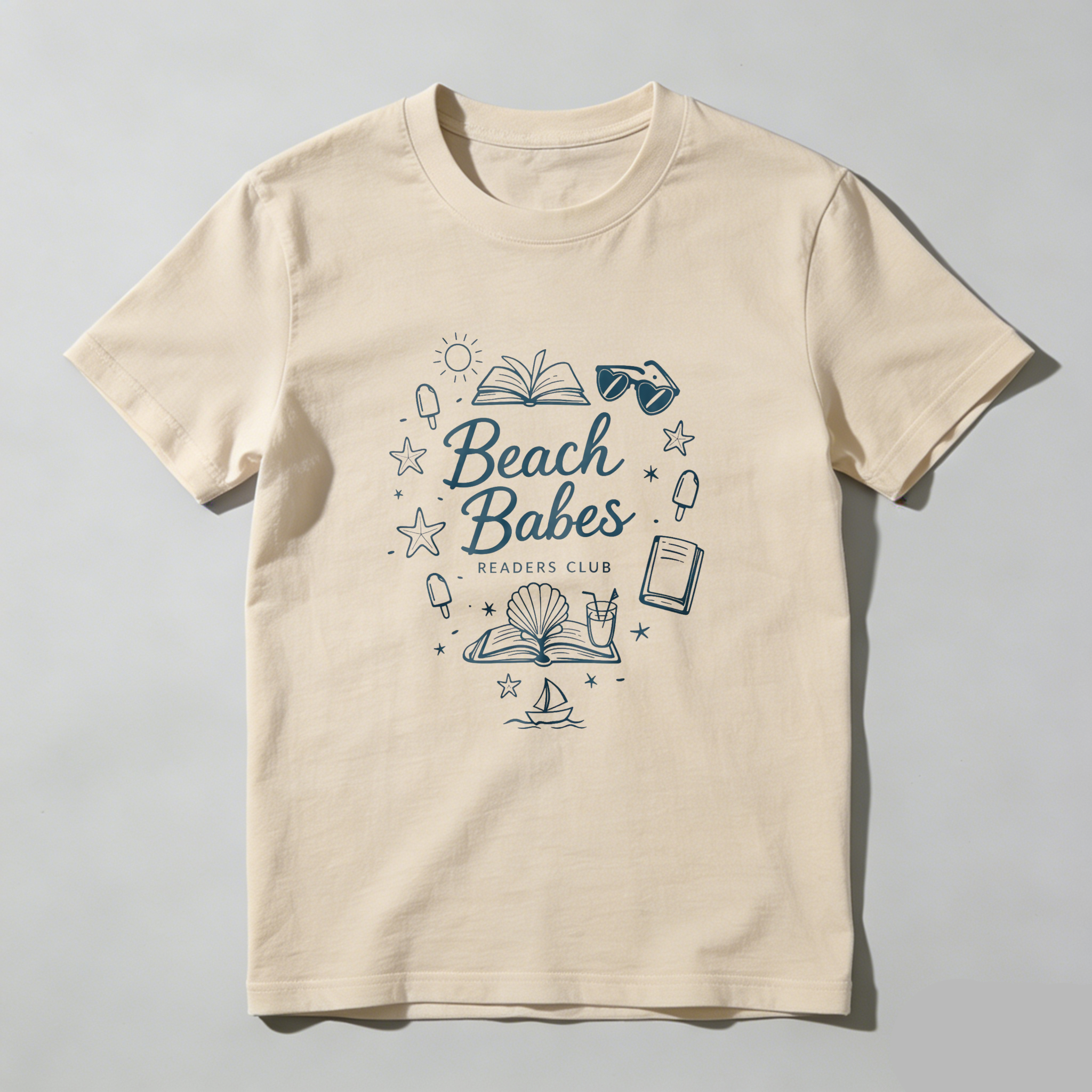 Wardrobecart Beach Babes Readers Club Book Sun Sunglasses Star Shell Boat Ice Cream Tshirt 100% cotton