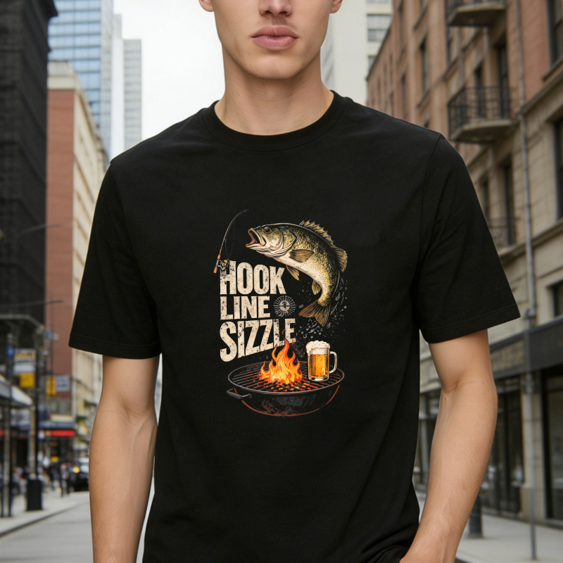 Hook Line Sizzle Fishing Fish Grill Beer Graphic Unisex Classic T-shirt