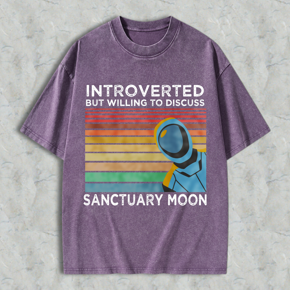 Wardrobecart Introverted But Willing To Discuss Sanctuary Moon Astronaut Vintage Rainbow Design Unisex Washed T-shirt