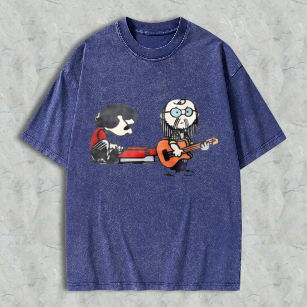 Cartoon Musicians Playing Guitar And Keyboard Graphic Washed T-shirt