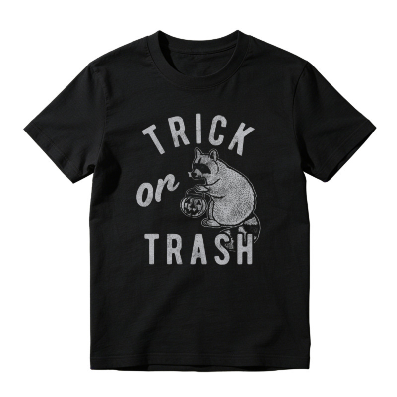 Trick Or Trash Raccoon Holding Pumpkin Halloween Funny Graphic T-shirt