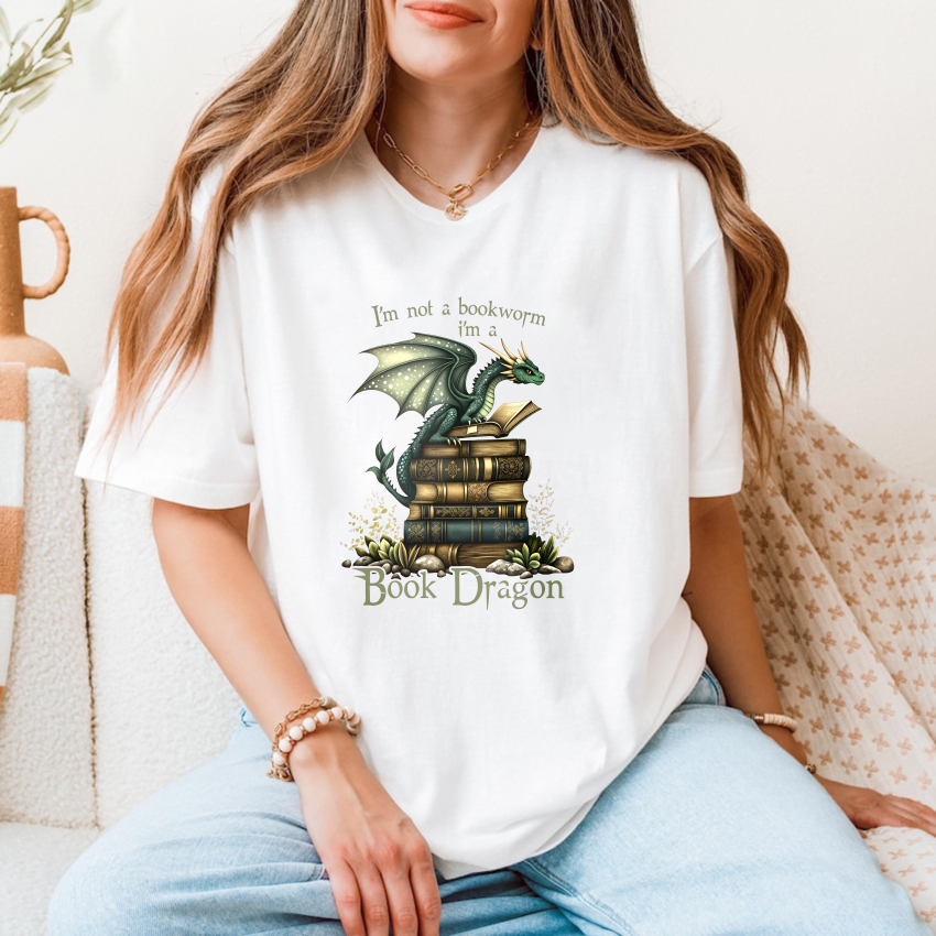 Wardrobecart Dragon Perched On Books With Text Above And Below Tshirt