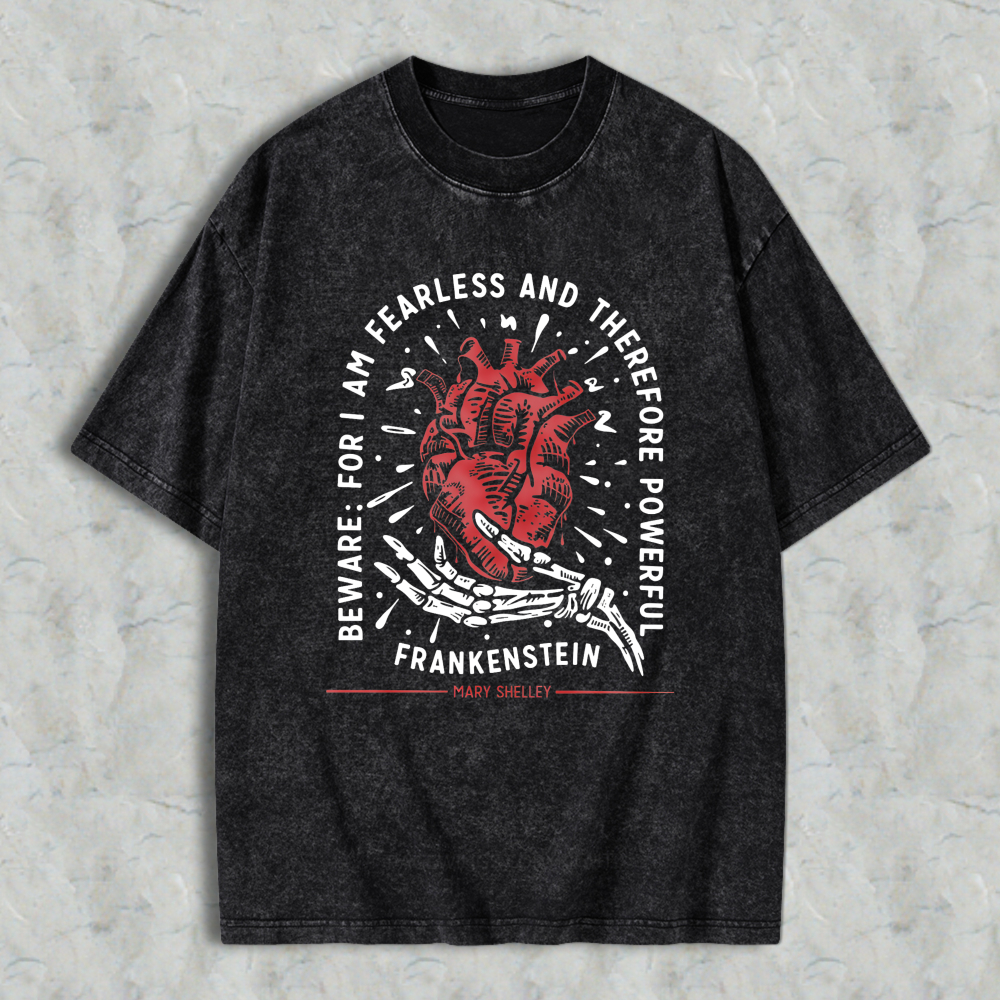 Wardrobecart Frankenstein Heart And Skeleton Hand Design With Quote From Mary Shelley Unisex Washed T-shirt