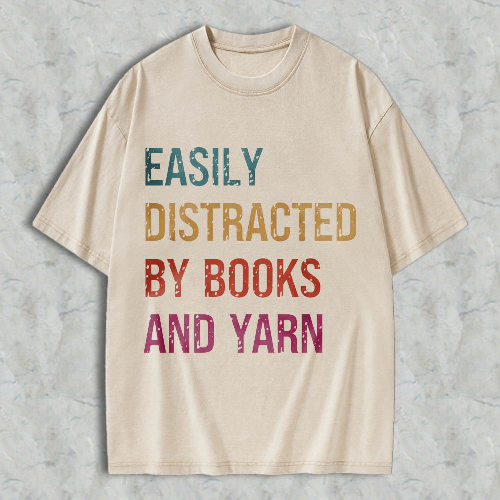 Wardrobecart Easily Distracted By Books And Yarn Unisex Washed T-shirt