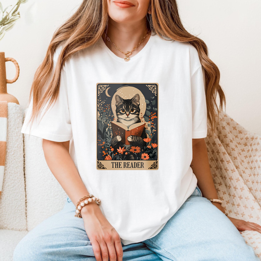 Wardrobecart Cat Reading Book Floral Moon Design Tshirt