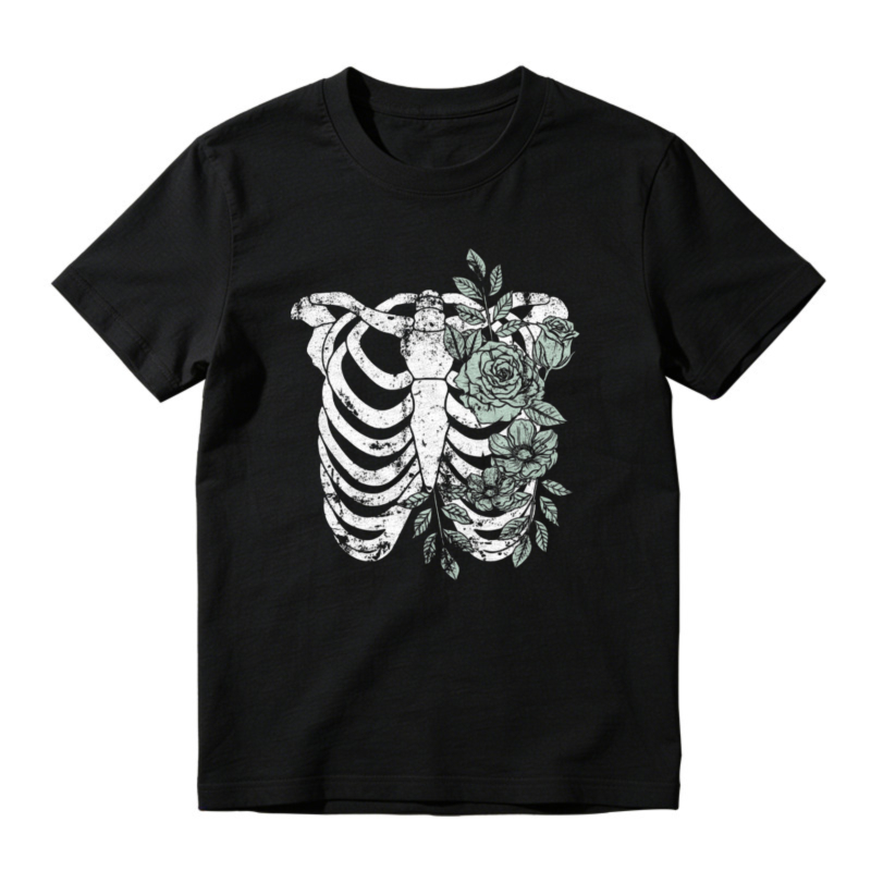 Rib Cage With Roses And Leaves Floral Skeleton Graphic T-shirt