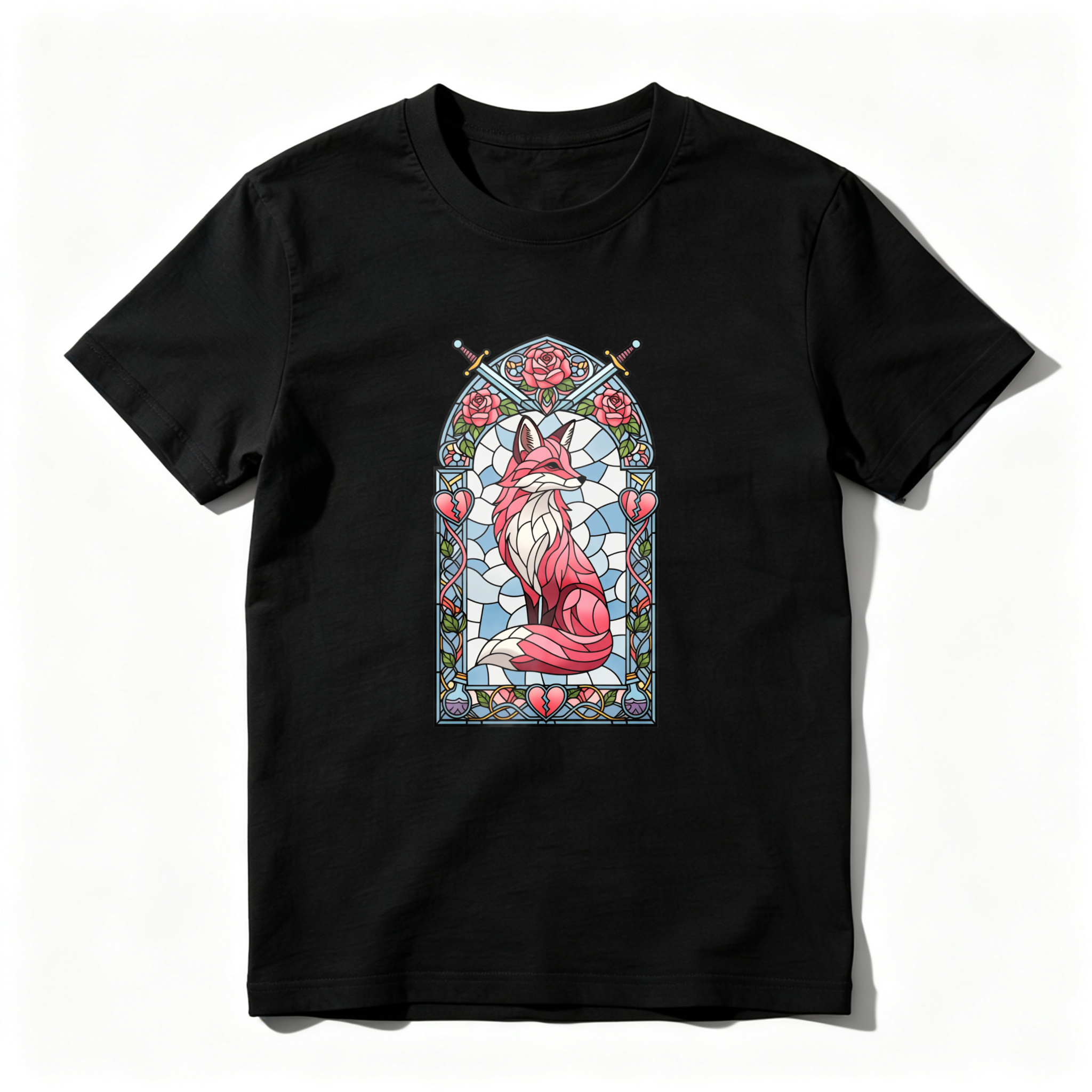 Wardrobecart Stained Glass Fox With Roses And Heart Tshirt