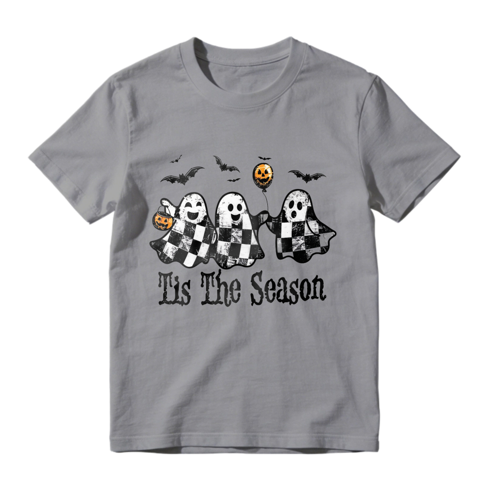 Halloween Ghosts With Checkered Pattern And Bats Tis The Season, Unisex Classic T-shirt