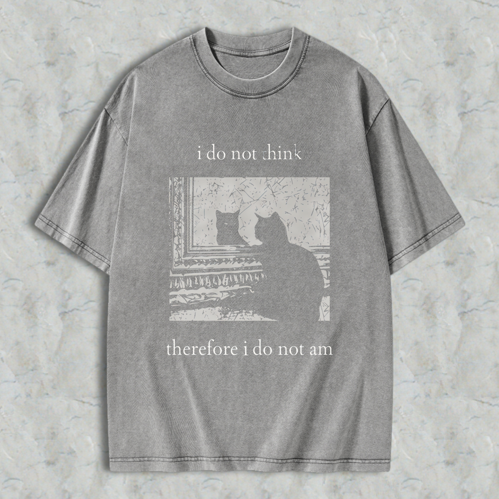 Wardrobecart Cat Silhouette Window Scene I Do Not Think Therefore I Do Not Am Unisex Washed T-shirt