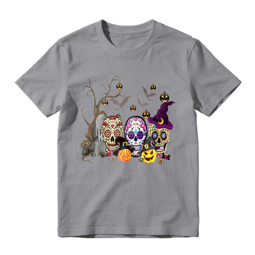 Colorful Sugar Skulls With Witch Hat Pumpkins Bats And Ghosts Halloween Day Of The Dead Unisex Classic T-shirt
