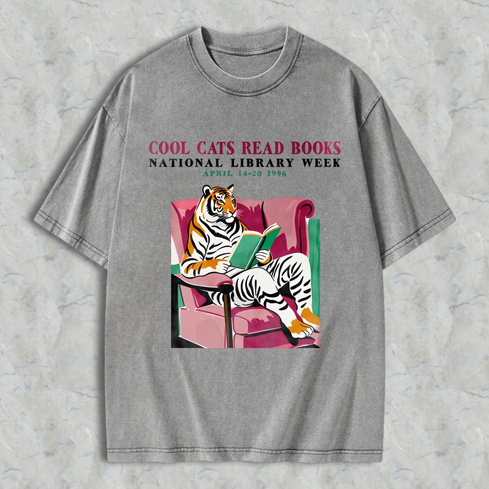 Wardrobecart Tiger Reading Book On Couch Cool Cats Read Books Unisex Washed T-shirt