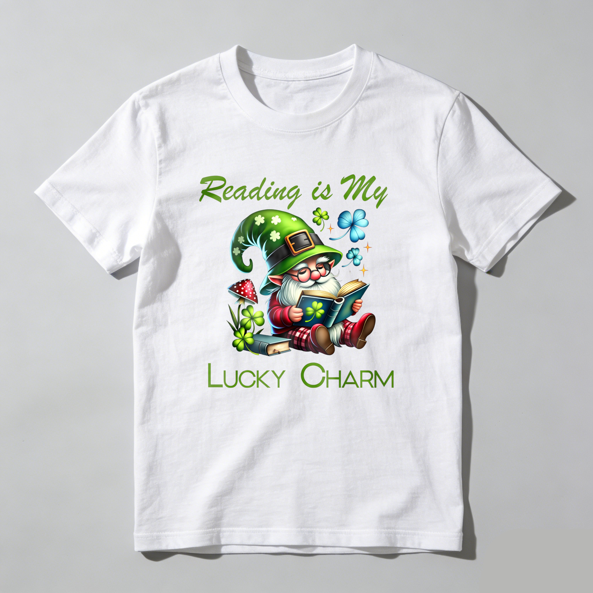 WardrobecartGnome Reading Book With Clover Hat tshirt