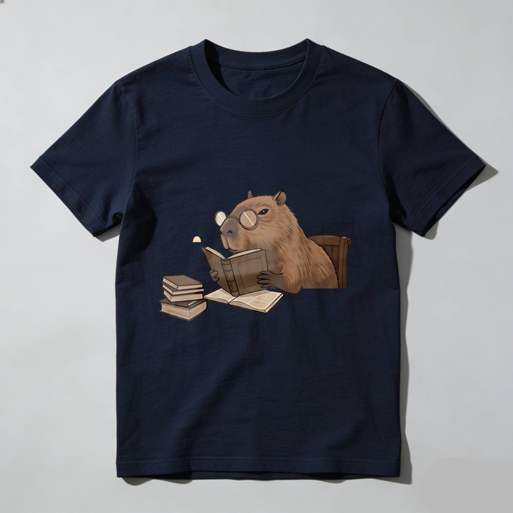 Wardrobecart Capybara Reading Book With Glasses And Stack Of Books Tshirt