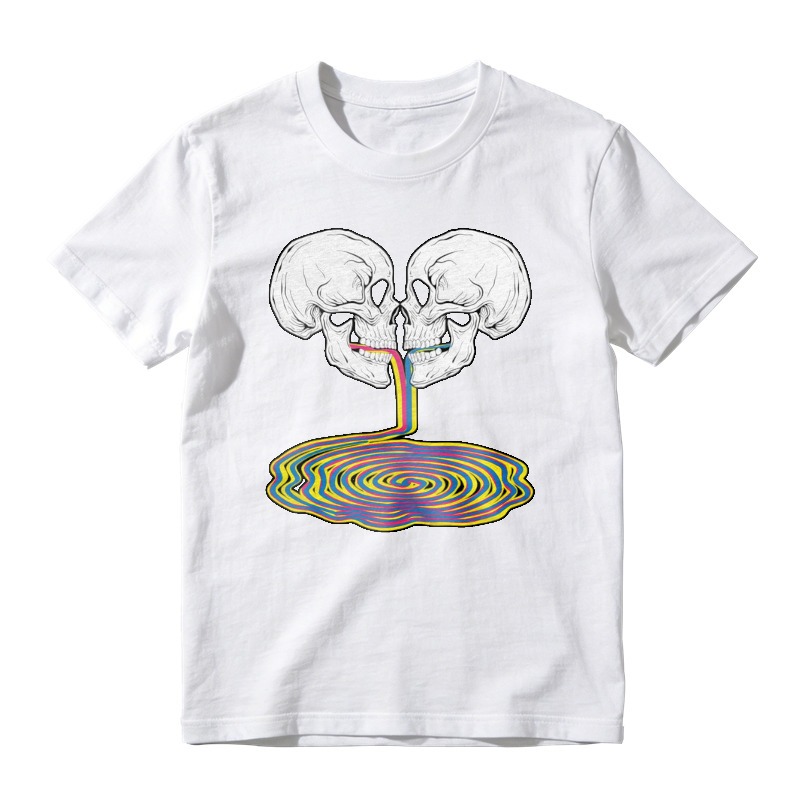 Two Skulls Kissing With Rainbow Vomit Psychedelic Spiral Graphic T-shirt