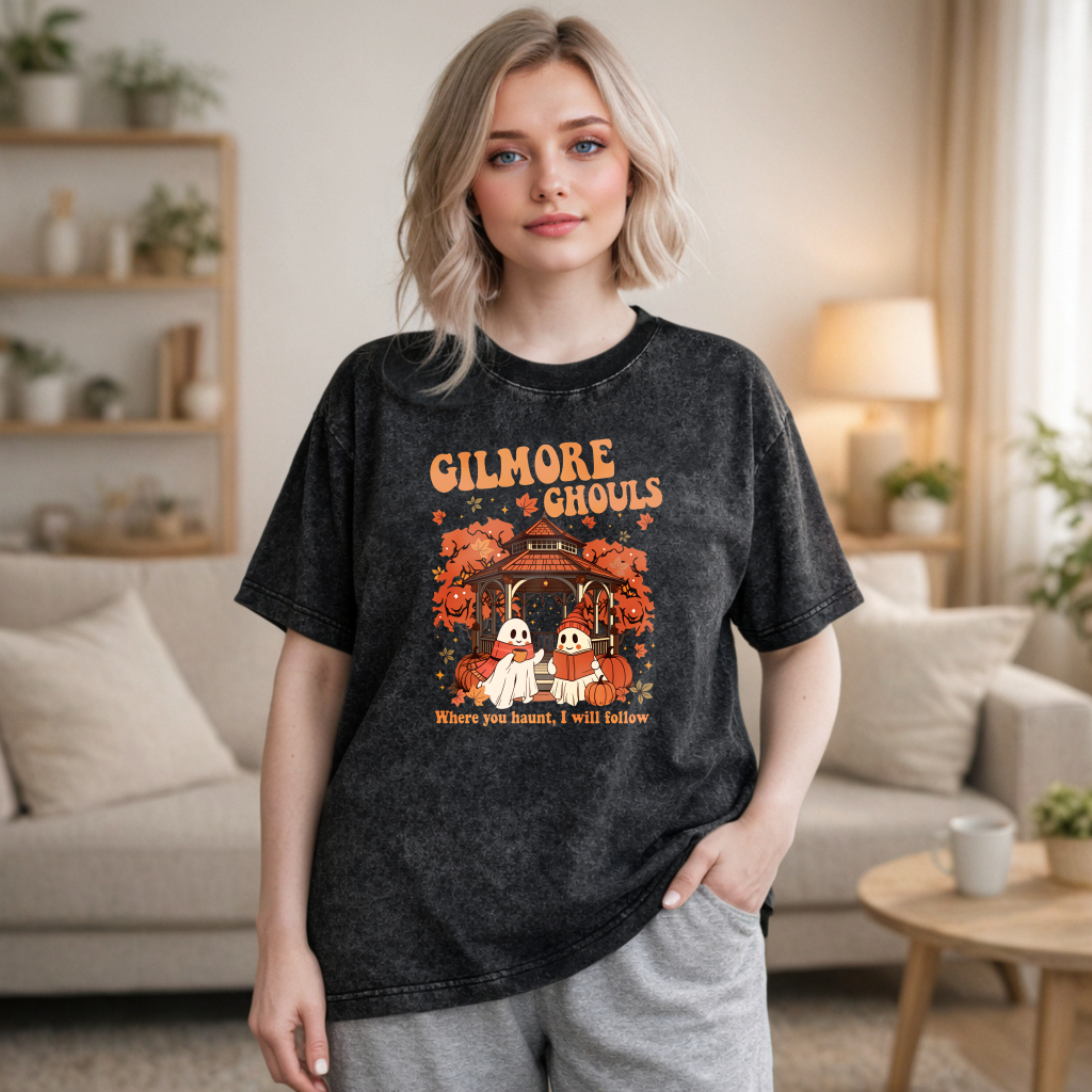 Wardrobecart Gilmore Ghouls Halloween Ghosts And Pumpkin House Design Unisex Washed T-shirt
