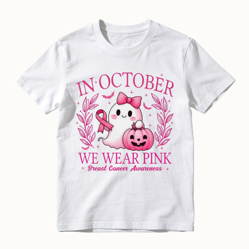 In October We Wear Pink Shirt, Retro Breast Cancer Awareness T-Shirt, Halloween Pink Ghost T-Shirt