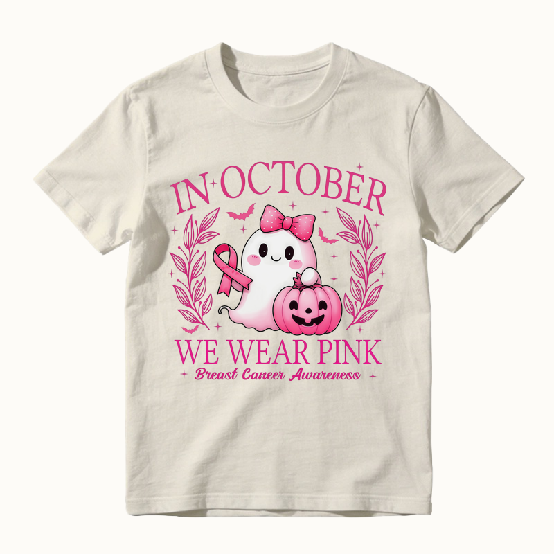 In October We Wear Pink Shirt, Retro Breast Cancer Awareness T-Shirt, Halloween Pink Ghost T-Shirt