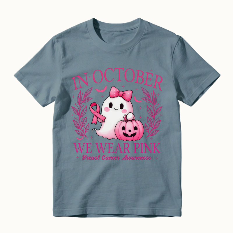 In October We Wear Pink Shirt, Retro Breast Cancer Awareness T-Shirt, Halloween Pink Ghost T-Shirt