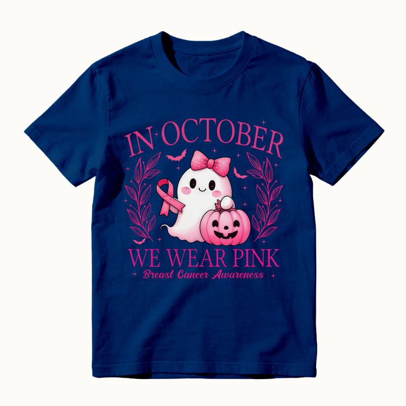 In October We Wear Pink Shirt, Retro Breast Cancer Awareness T-Shirt, Halloween Pink Ghost T-Shirt