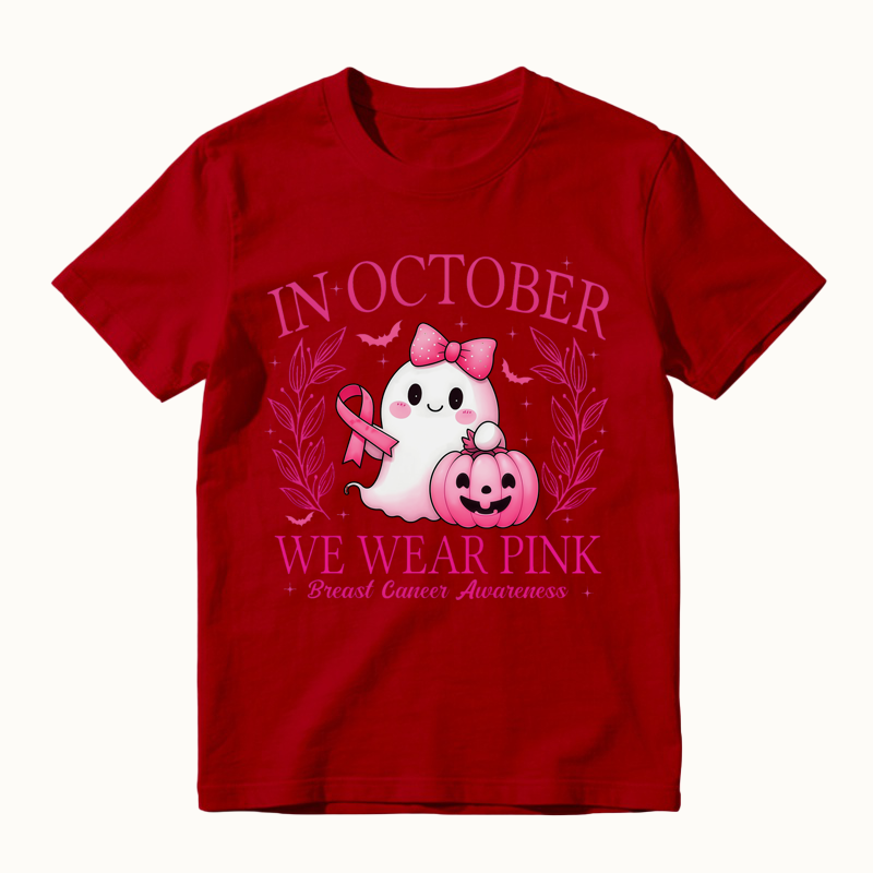 In October We Wear Pink Shirt, Retro Breast Cancer Awareness T-Shirt, Halloween Pink Ghost T-Shirt