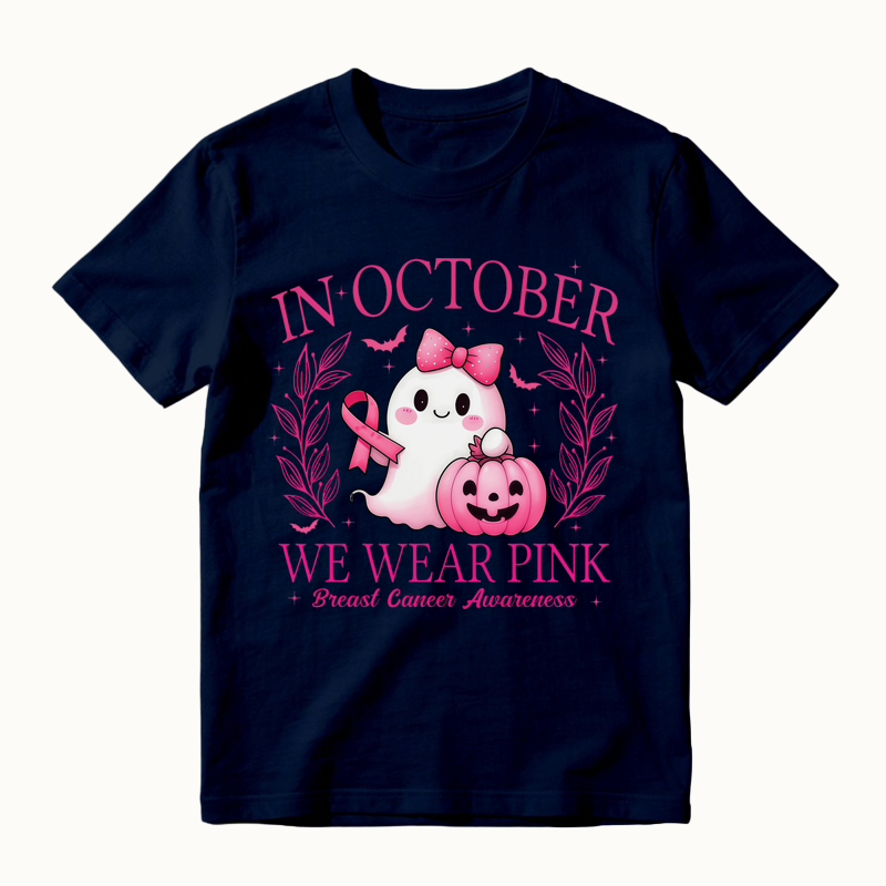 In October We Wear Pink Shirt, Retro Breast Cancer Awareness T-Shirt, Halloween Pink Ghost T-Shirt