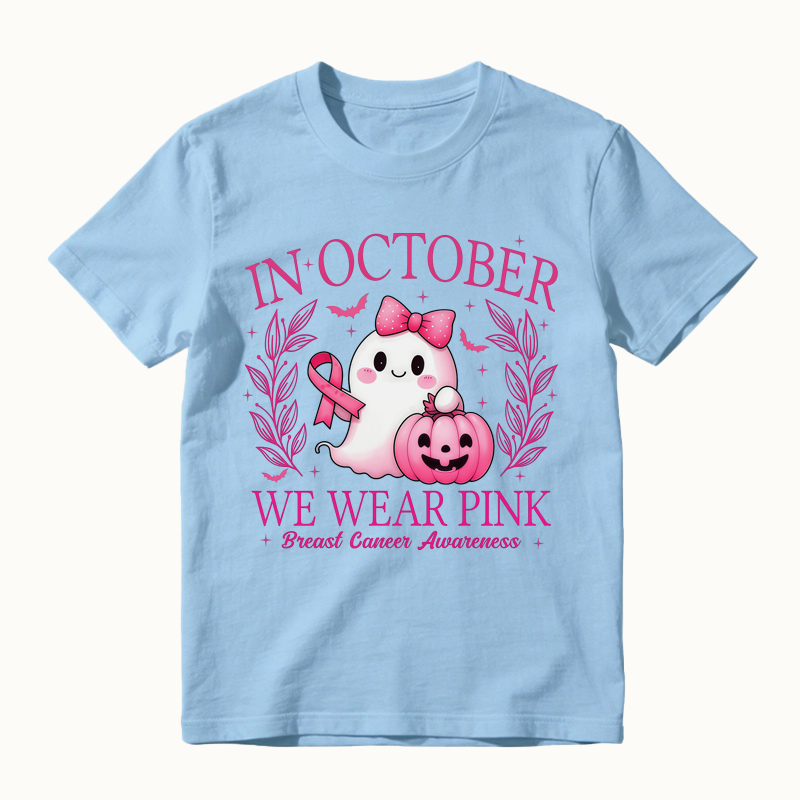 In October We Wear Pink Shirt, Retro Breast Cancer Awareness T-Shirt, Halloween Pink Ghost T-Shirt
