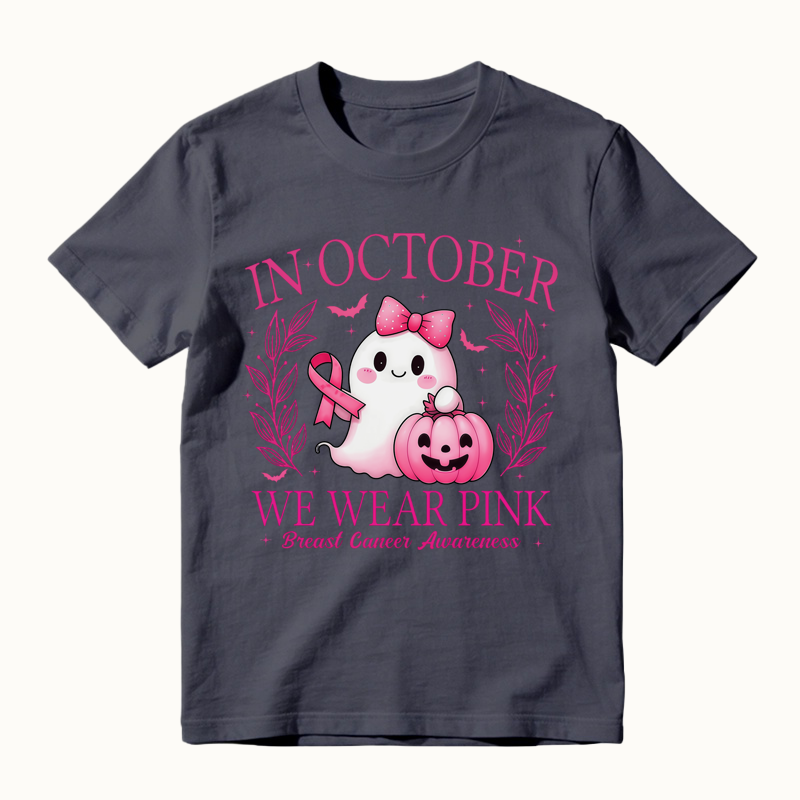 In October We Wear Pink Shirt, Retro Breast Cancer Awareness T-Shirt, Halloween Pink Ghost T-Shirt