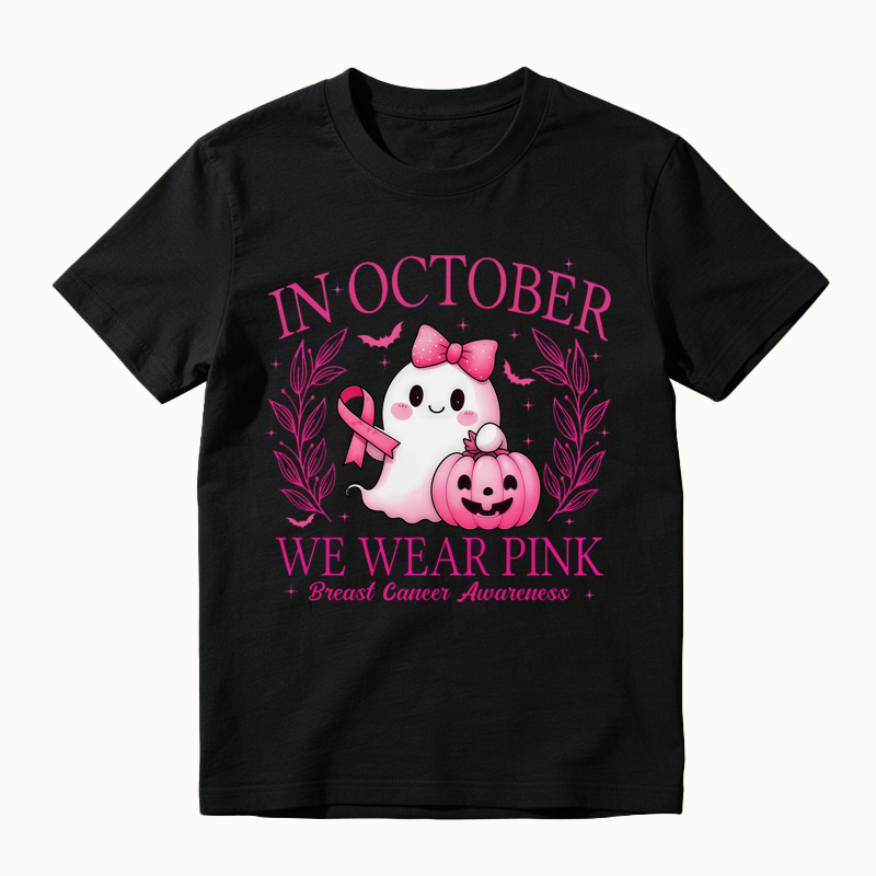 In October We Wear Pink Shirt, Retro Breast Cancer Awareness T-Shirt, Halloween Pink Ghost T-Shirt