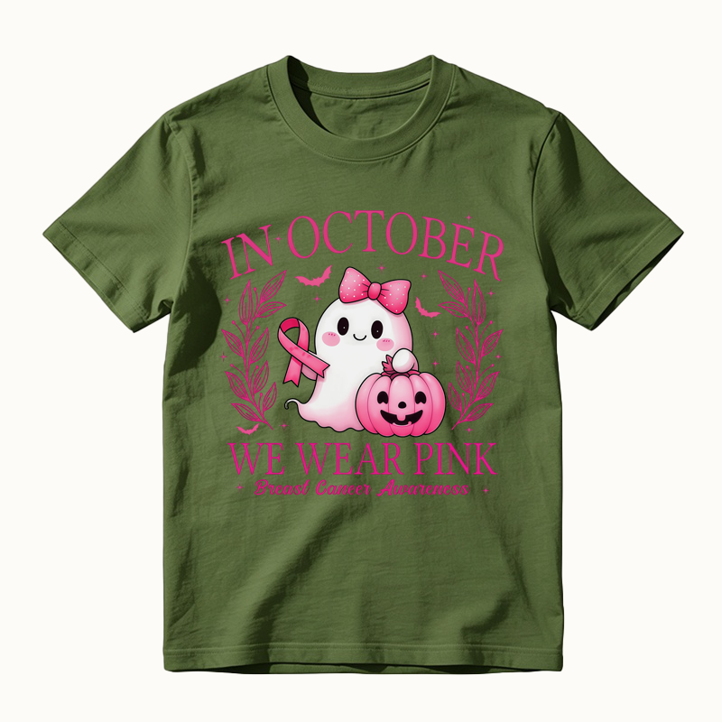 In October We Wear Pink Shirt, Retro Breast Cancer Awareness T-Shirt, Halloween Pink Ghost T-Shirt