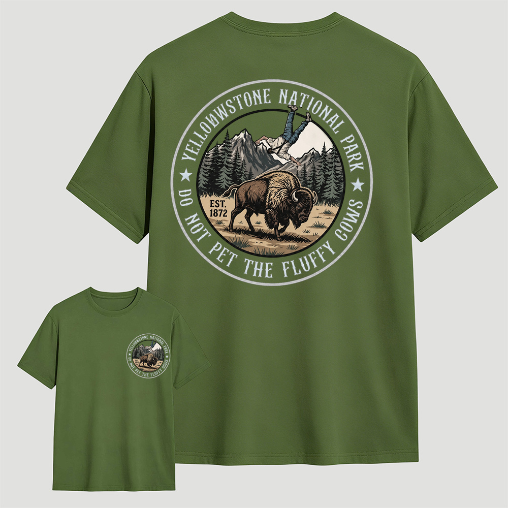 Do Not Pet The Fluffy Cows Yellowstone National Park Graphic T-Shirt | Funny Vintage Outdoor Tee