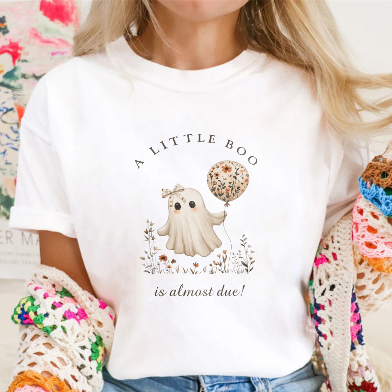 Cute Ghost Holding Floral Balloon A Little Boo Is Almost Due Halloween Pregnancy Announcement Unisex Classic T-shirt