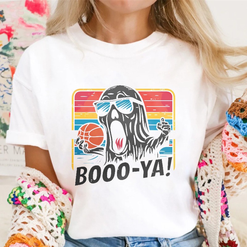 Ghost Holding Basketball With Sunglasses And Booo Ya Text Retro Sunset Unisex Classic T-shirt