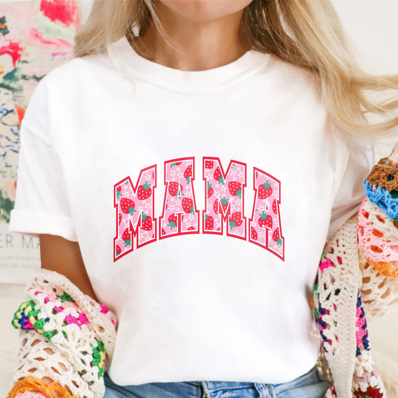 Strawberry Pattern Mama Text Graphic, Unisex Classic T-shirt