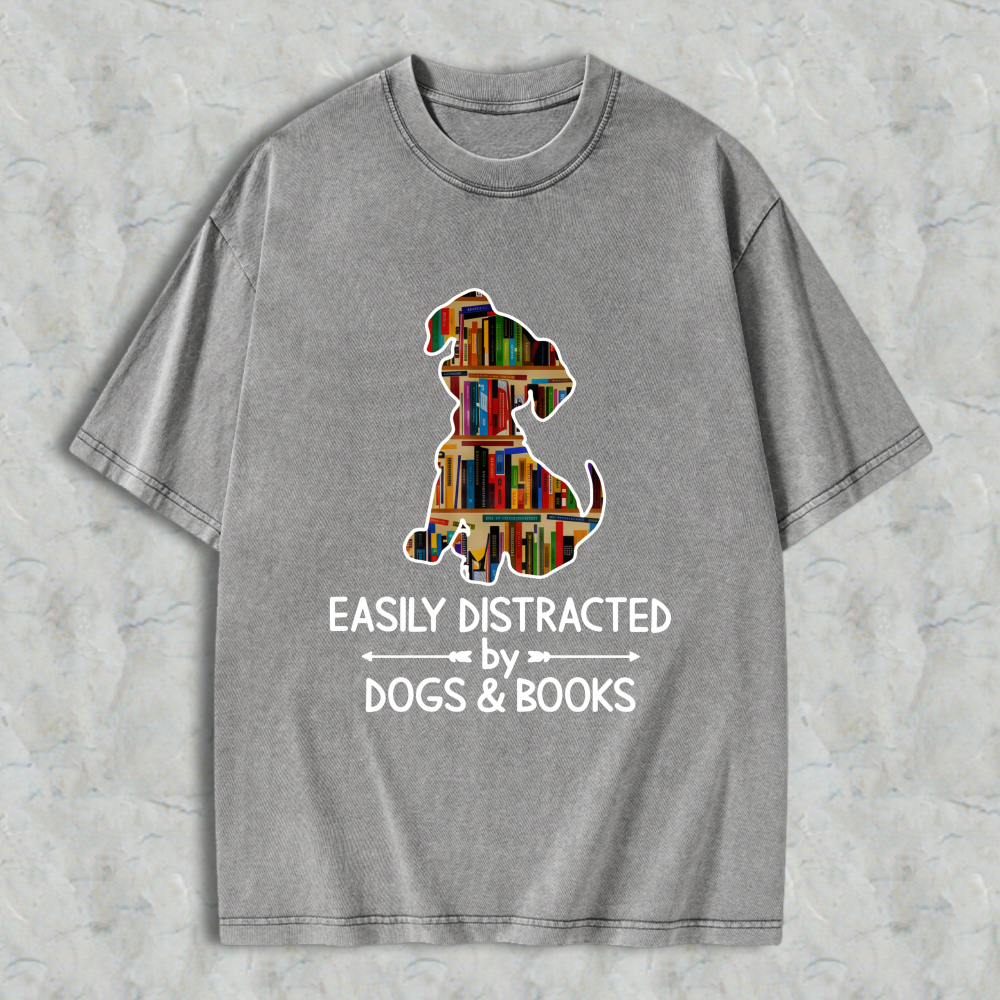 Wardrobecart Dog With Books Easily Distracted By Dogs And Books Unisex Washed T-shirt