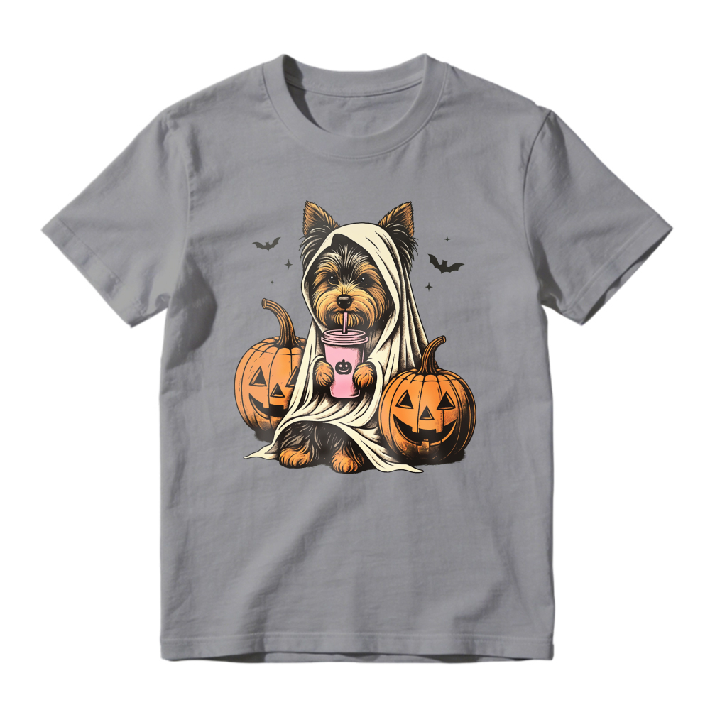 Cute Yorkshire Terrier Dog In Ghost Costume With Pumpkins And Coffee Cup Halloween Design, Unisex Classic T-shirt