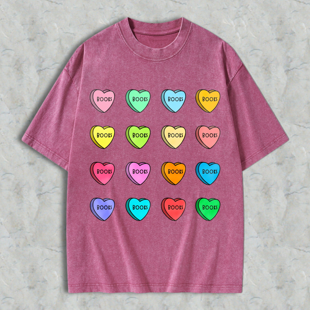 Wardrobecart Colorful Heart Candy Pattern With Book Text Unisex Washed T-shirt