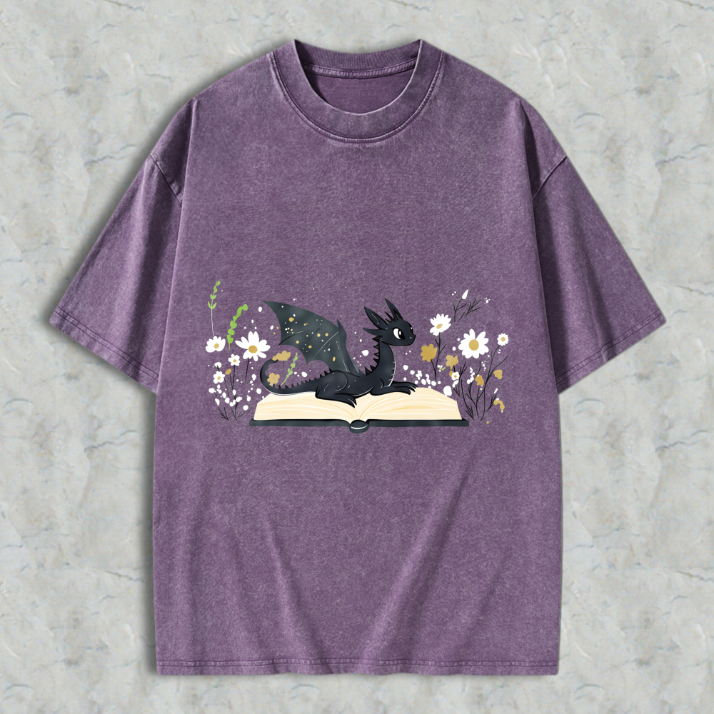 Wardrobecart Dragon Reading Book With Flowers Unisex Washed T-shirt