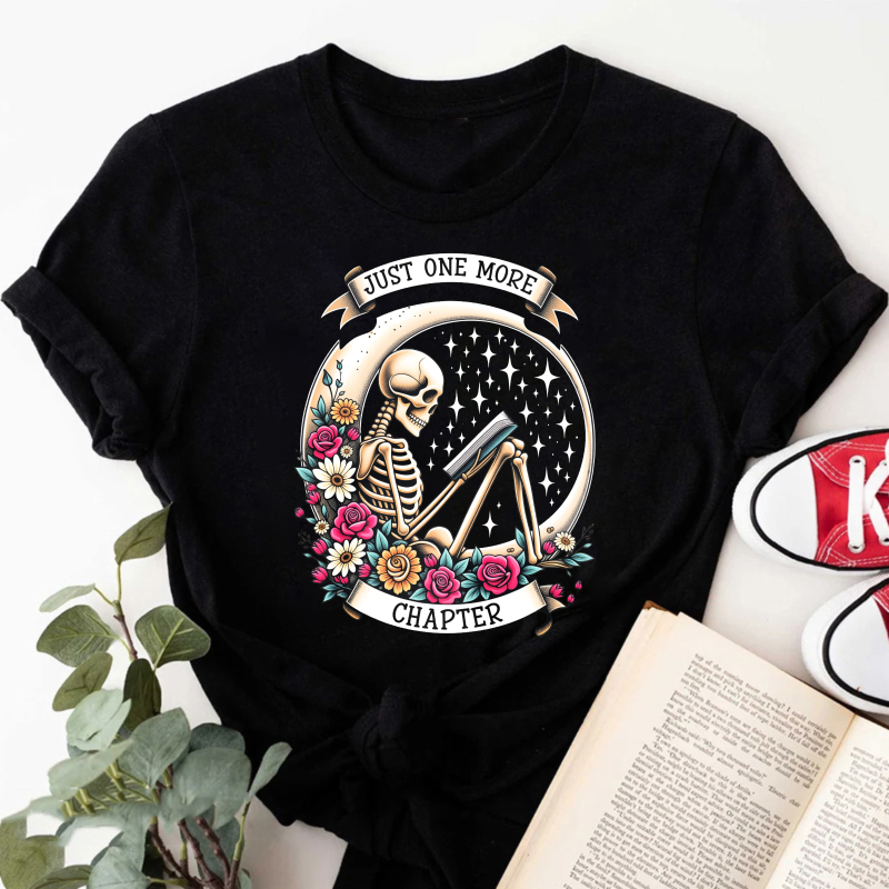 Wardrobecart Skeleton Reading Book With Flowers And Stars Tshirt