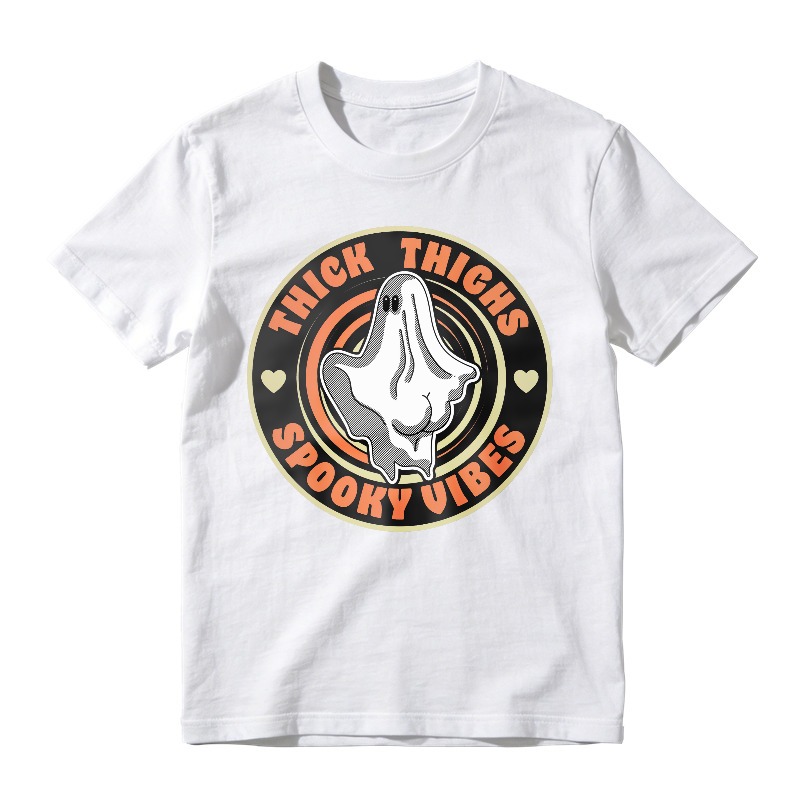 Thick Thighs Spooky Vibes Ghost Halloween Retro Circle, Unisex Classic T-shirt