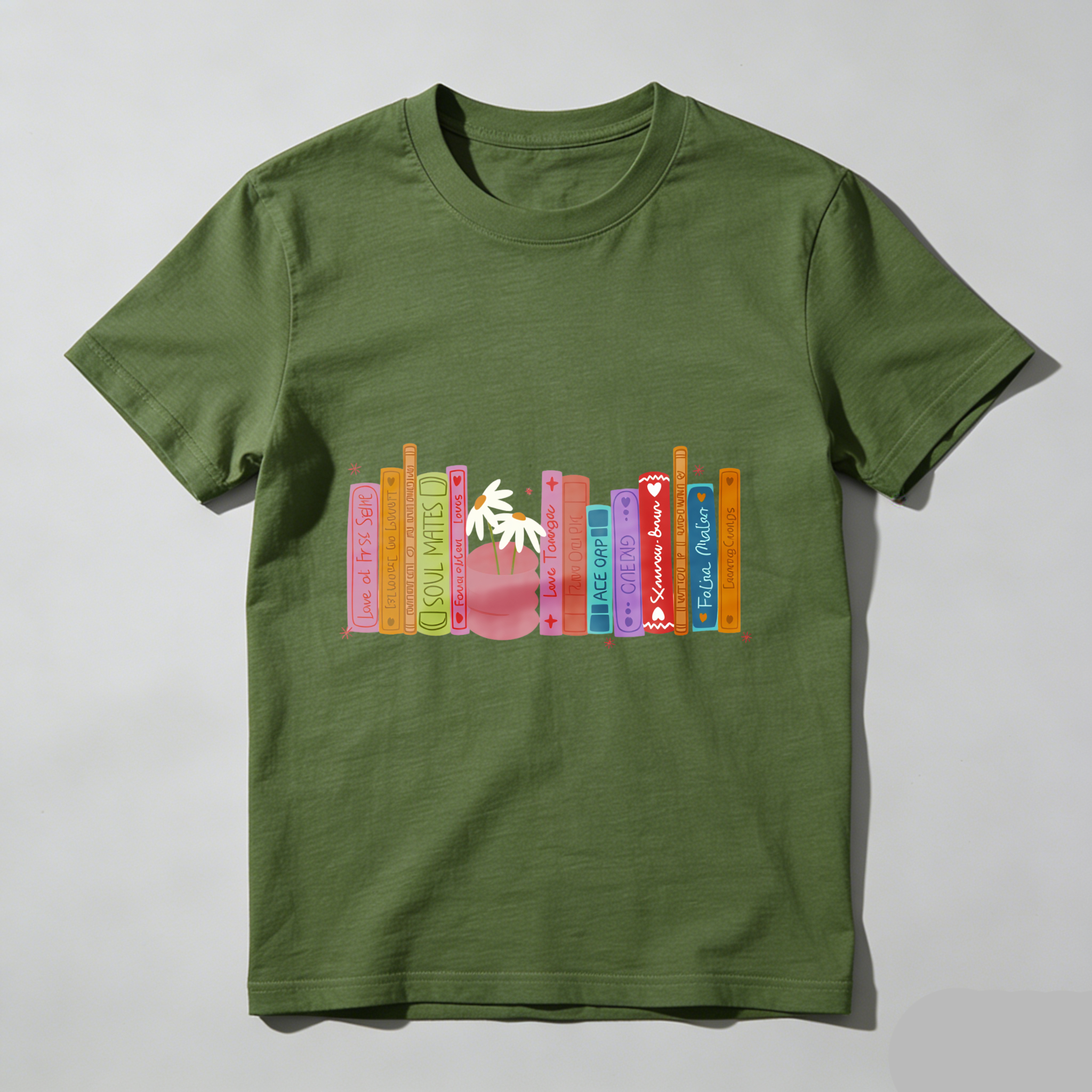 Wardrobecart Colorful Bookshelf With Potted Plant Tshirt