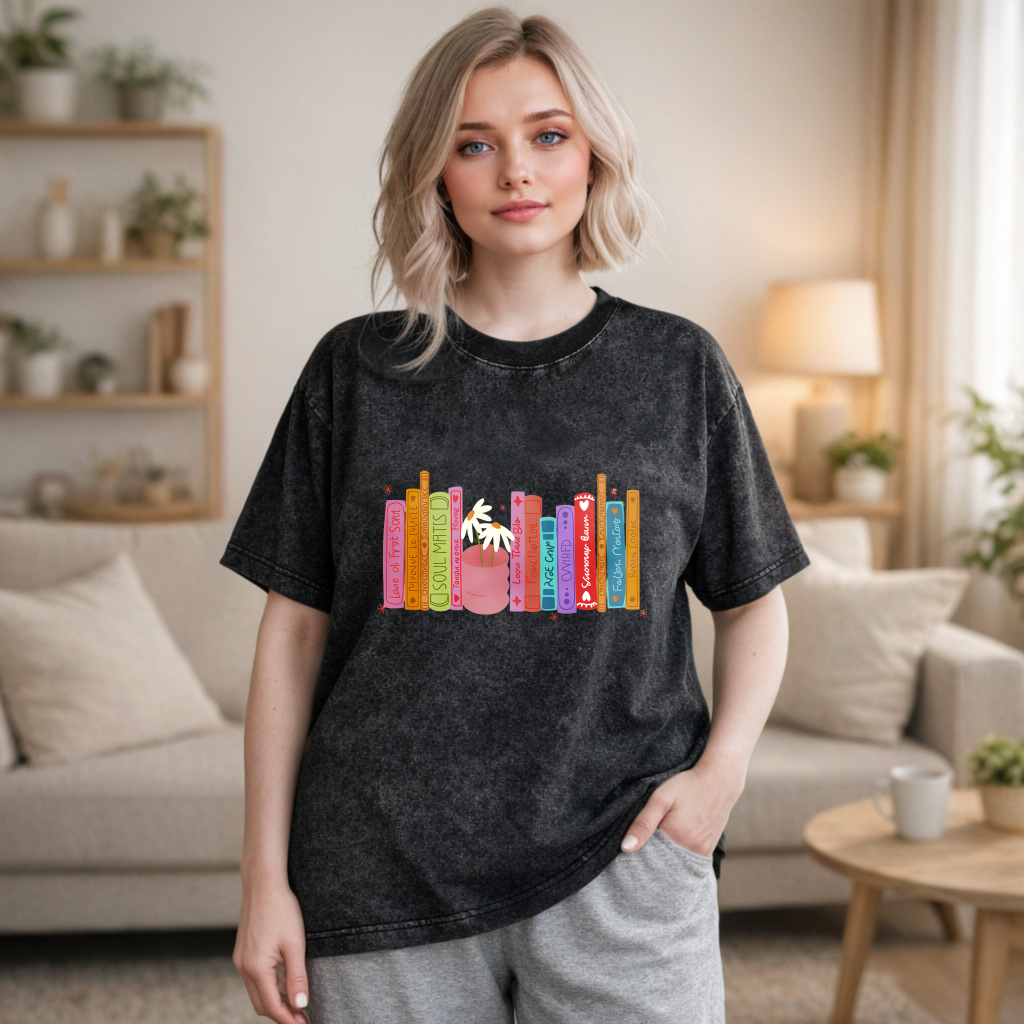 Wardrobecart Colorful Bookshelf With Potted Plant And Book Titles Unisex Washed T-shirt