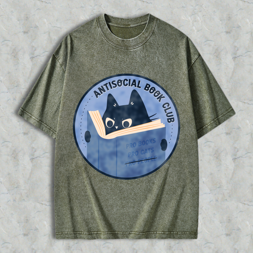 Wardrobecart Antisocial Book Club Cat Reading Book Design Unisex Washed T-shirt