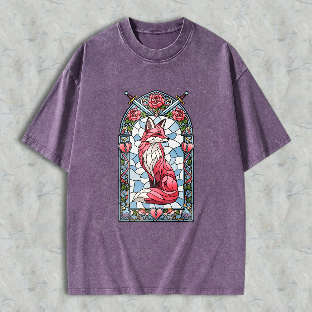 Wardrobecart Stained Glass Fox With Roses And Swords Unisex Washed T-shirt
