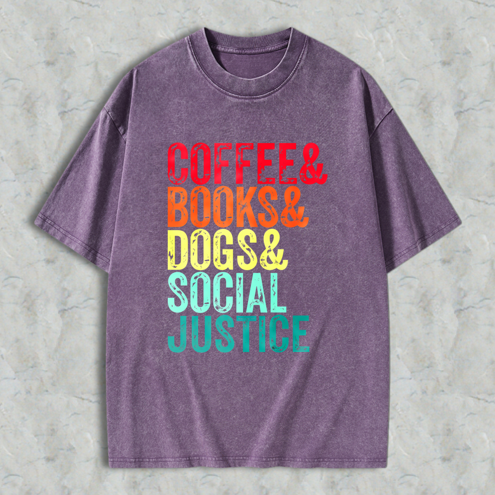 Wardrobecart Coffee Books Dogs Social Justice Unisex Washed T-shirt