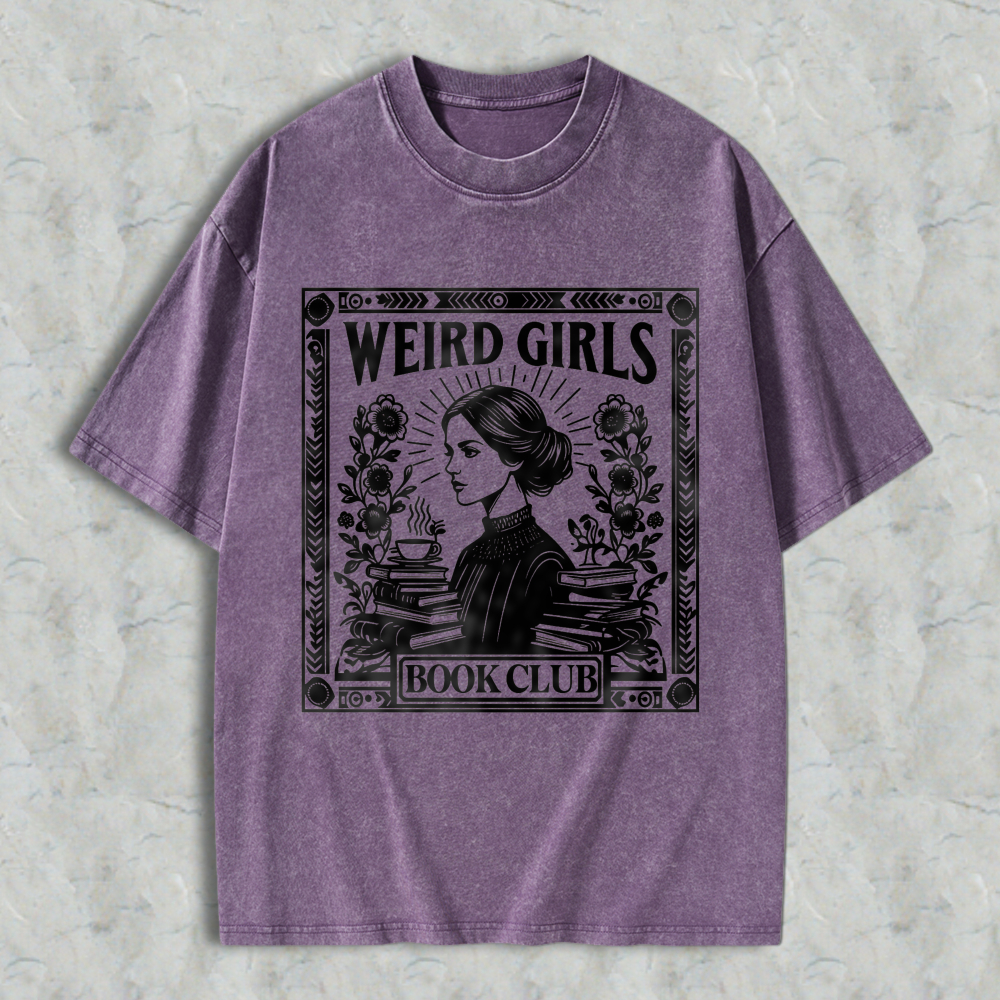 Wardrobecart Weird Girls Book Club Vintage Style Woman Reading With Books And Coffee Unisex Washed T-shirt