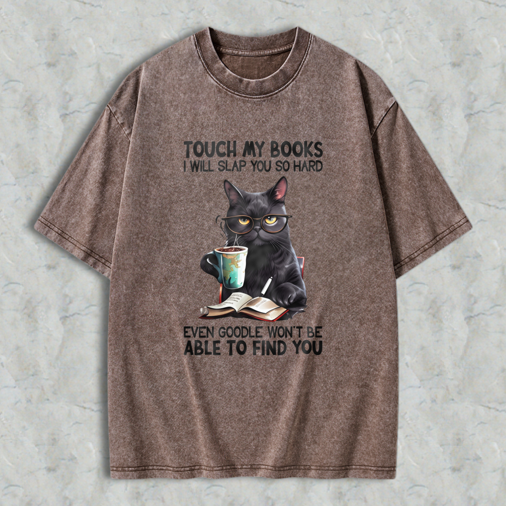 Wardrobecart Cat With Glasses Reading Book And Coffee Unisex Washed T-shirt