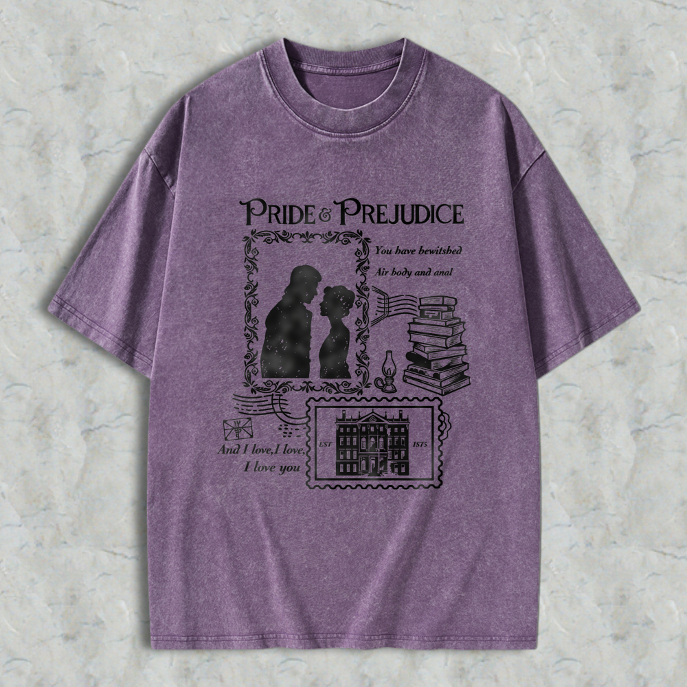 Wardrobecart Pride And Prejudice Literary Romance Quote With Couple Silhouette Books And Mansion Design Unisex Washed T-shirt