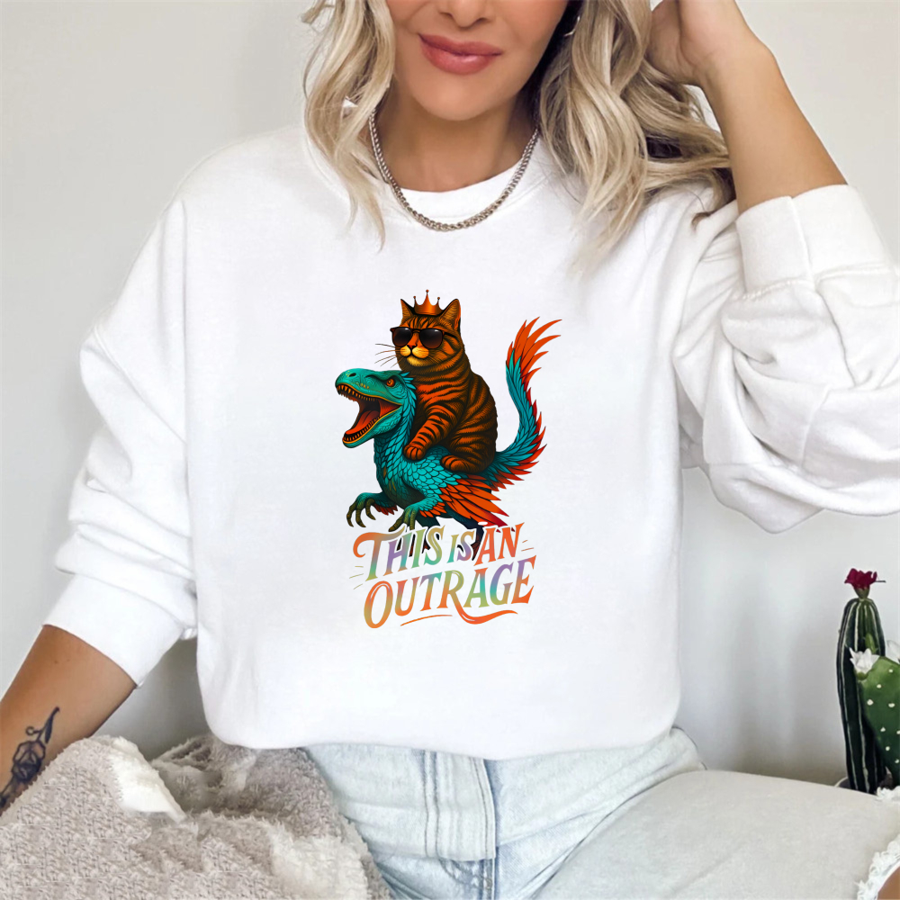 Wardrobecart Cat Riding Dinosaur This Is An Outrage Unisex Classic Sweatshirt