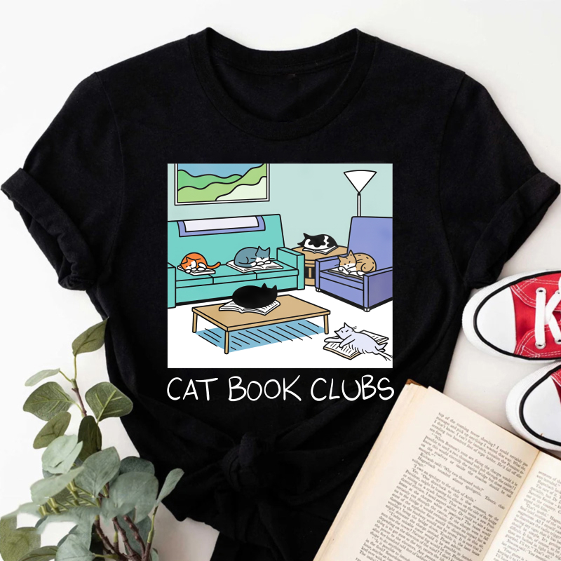Wardrobecart Cat Book Clubs Cozy Living Room Scene Tshirt