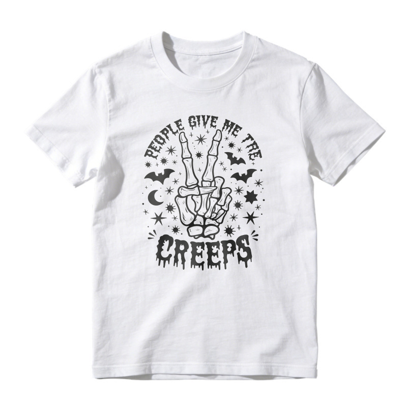 Skeleton Hand Peace Sign, Bats, Stars, Moon, People Give Me The Creeps Text, Unisex Classic T-shirt